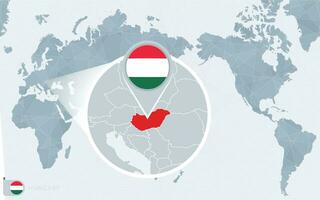 Pacific Centered World map with magnified Hungary. Flag and map of Hungary. vector