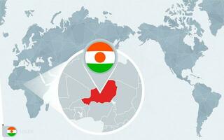 Pacífico centrado mundo mapa con magnificado Níger. bandera y mapa de Níger. vector