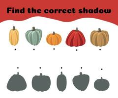 encontrar el correcto oscuridad de el calabazas para niños educativo juego. calabazas conjunto el juego a encontrar el Derecha sombra. vector ilustración