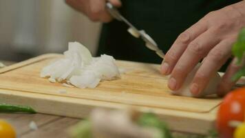 professioneel chef bereidt zich voor en bezuinigingen wit ui. dichtbij omhoog langzaam beweging video