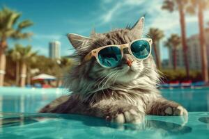 Cool Cat in Shades Poolside AI Generated, AI Generative photo