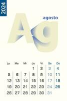 Minimalist calendar template for August 2024, vector calendar in Spanish language.