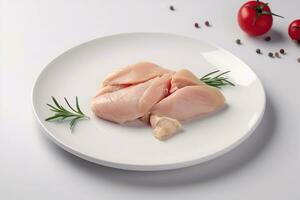 Raw chicken breast or fillet with salt, pepper and fresh herbs on a white plate on a gray background AI Generated photo