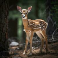 bebé ciervo caminando en un bosque ai generado, ai generativo foto