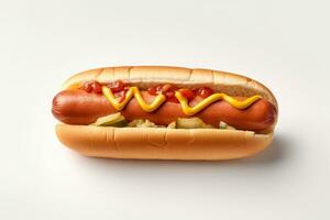 Hot dog with ketchup and mustard on white AI Generated, AI Generative photo