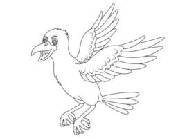 Black and white flying crow cartoon character vector illustration. Coloring page of flying crow