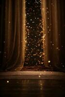 Dark brown background, digital signature with particles, sparkling waves, curtains and areas with deep depths. The particles are golden light lines.. AI generated photo