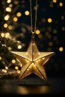 Gold star light hanging on dark background. AI generated photo