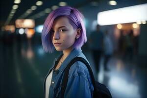 Young girl with purple hair walking through the train station or airport. AI generated. photo