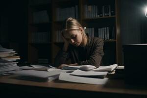 Tired young woman working with documents at night. Overtime, overwork, overnight work concept. AI generated. photo
