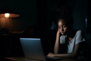 Tired young woman working on a laptop at night. Overtime, overwork, overnight work concept. AI generated. photo