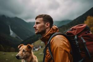 Man with a tourist backpack is hiking together with his dog in the mountains. Traveling with pets concept. AI generated. photo