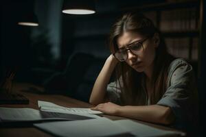 Tired young woman working with documents at night. Overtime, overwork, overnight work concept. AI generated. photo