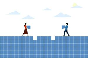 business characters building blue square pattern. Concept of decision making process, logical thinking. find missing parts of the proposal. Financial management concept puzzle. vector
