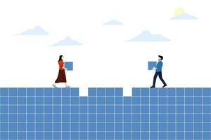 business characters building blue square pattern. Concept of decision making process, logical thinking. find missing parts of the proposal. Financial management concept puzzle. vector