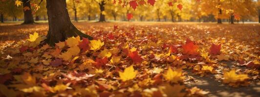 Autumn colorful bright leaves swinging in a tree in autumnal park. Autumn colorful background, fall backdrop. AI generated photo