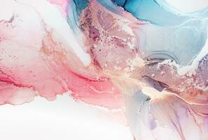 Painting created with alcohol ink. Soft smooth color transitions combined with clear gold and silver edges. Blue, pink, green abstract color combination. photo