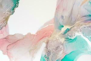 Painting created with alcohol ink. Soft smooth color transitions combined with clear gold and silver edges. Blue, pink, green abstract color combination. photo