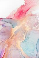 Painting created with alcohol ink. Soft smooth color transitions combined with clear gold and silver edges. Blue, pink, green abstract color combination. photo
