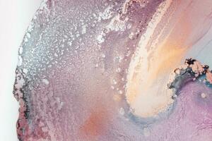 Painting created with alcohol ink. Soft smooth color transitions combined with clear gold and silver edges. Blue, pink, green abstract color combination. photo