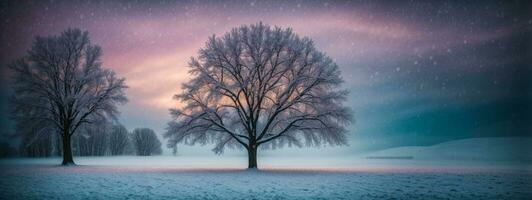 Beautiful tree in winter landscape in late evening in snowfall. AI generated photo