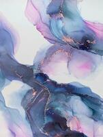 Painting created with alcohol ink. Soft smooth color transitions combined with clear gold and silver edges. Blue, pink, green abstract color combination. photo