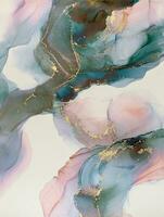 Painting created with alcohol ink. Soft smooth color transitions combined with clear gold and silver edges. Blue, pink, green abstract color combination. photo