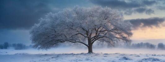 Beautiful tree in winter landscape in late evening in snowfall. AI generated photo