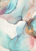 Painting created with alcohol ink. Soft smooth color transitions combined with clear gold and silver edges. Blue, pink, green abstract color combination. photo