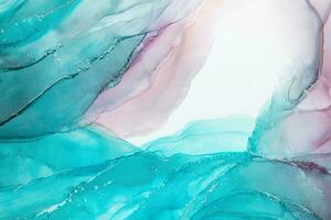 Painting created with alcohol ink. Soft smooth color transitions combined with clear gold and silver edges. Blue, pink, green abstract color combination. photo