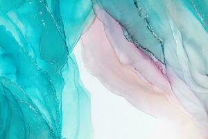 Painting created with alcohol ink. Soft smooth color transitions combined with clear gold and silver edges. Blue, pink, green abstract color combination. photo