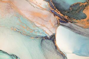 Painting created with alcohol ink. Soft smooth color transitions combined with clear gold and silver edges. Blue, pink, green abstract color combination. photo