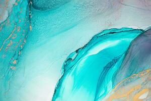 Painting created with alcohol ink. Soft smooth color transitions combined with clear gold and silver edges. Blue, pink, green abstract color combination. photo