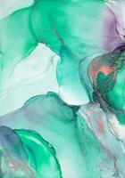 Painting created with alcohol ink. Soft smooth color transitions combined with clear gold and silver edges. Blue, pink, green abstract color combination. photo