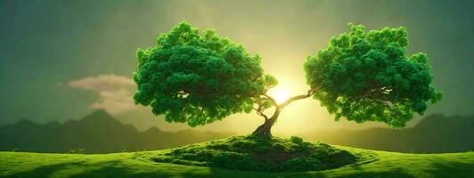 panorama small tree growing with sunrise. green world and earth day concept. AI generated photo