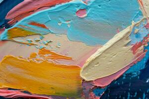 Closeup of abstract rough colorful art painting texture, with oil brushstroke, pallet knife paint on canvas, complementary colors. photo