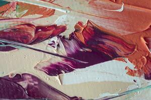 Closeup of abstract rough colorful art painting texture, with oil brushstroke, pallet knife paint on canvas, complementary colors. photo