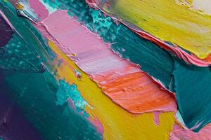 Closeup of abstract rough colorful art painting texture, with oil brushstroke, pallet knife paint on canvas, complementary colors. photo