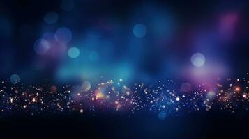 Magic night dark blue sparkling glitter bokeh and light art. Gold confetti and navy background. Golden scattered Christmas dust. Fairytale magic star template. photo