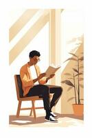 Set of girl and a guy are sitting on a chair and reading a book. Flat Cartoon AI Illustration photo