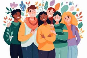 Group of abstract cartoon characters people. Friends or coworkers are standing, hugging, posing together. Teamwork, togetherness, friendship concept. Colorful illustration. photo