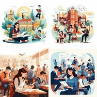 flat illustration of young woman and man student studying. Students studying and preparing for examination. photo