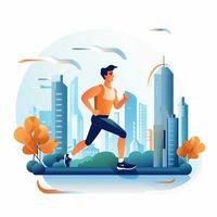 Woman and man running against the backdrop of the city. Flat illustration photo