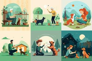 Flat illustration people of different ages play with a dog. Woman and man, children, old people play with a dog. photo
