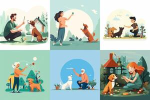 Flat illustration people of different ages play with a dog. Woman and man, children, old people play with a dog. photo