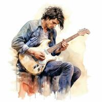 Set of Artistic portrait of a playing acoustic guitar, electric guitar, drums, singer songwriter, saxophone, synthesizer. Men painted in watercolor. photo
