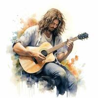 Set of Artistic portrait of a playing acoustic guitar, electric guitar, drums, singer songwriter, saxophone, synthesizer. Men painted in watercolor. photo