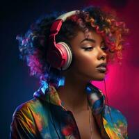 Portrait of men and women of different races, skin colors and hair colors in headphones listening to music on a neon background. photo