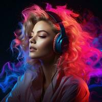 Portrait of men and women of different races, skin colors and hair colors in headphones listening to music on a neon background. photo