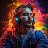 Portrait of men and women of different races, skin colors and hair colors in headphones listening to music on a neon background. photo